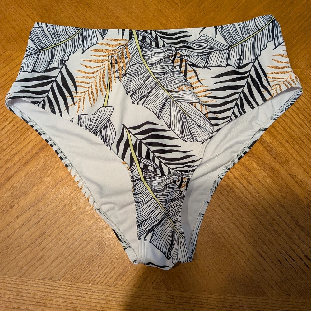 Leaf Print High-Waisted Bikini Bottom